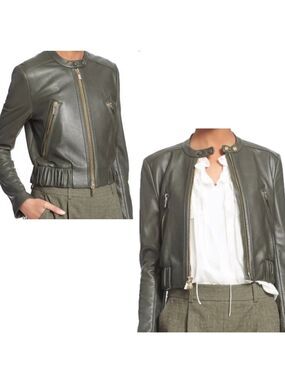 Diane Von Furstenberg green buckley leather biker moto jacket in Deep Lichen S